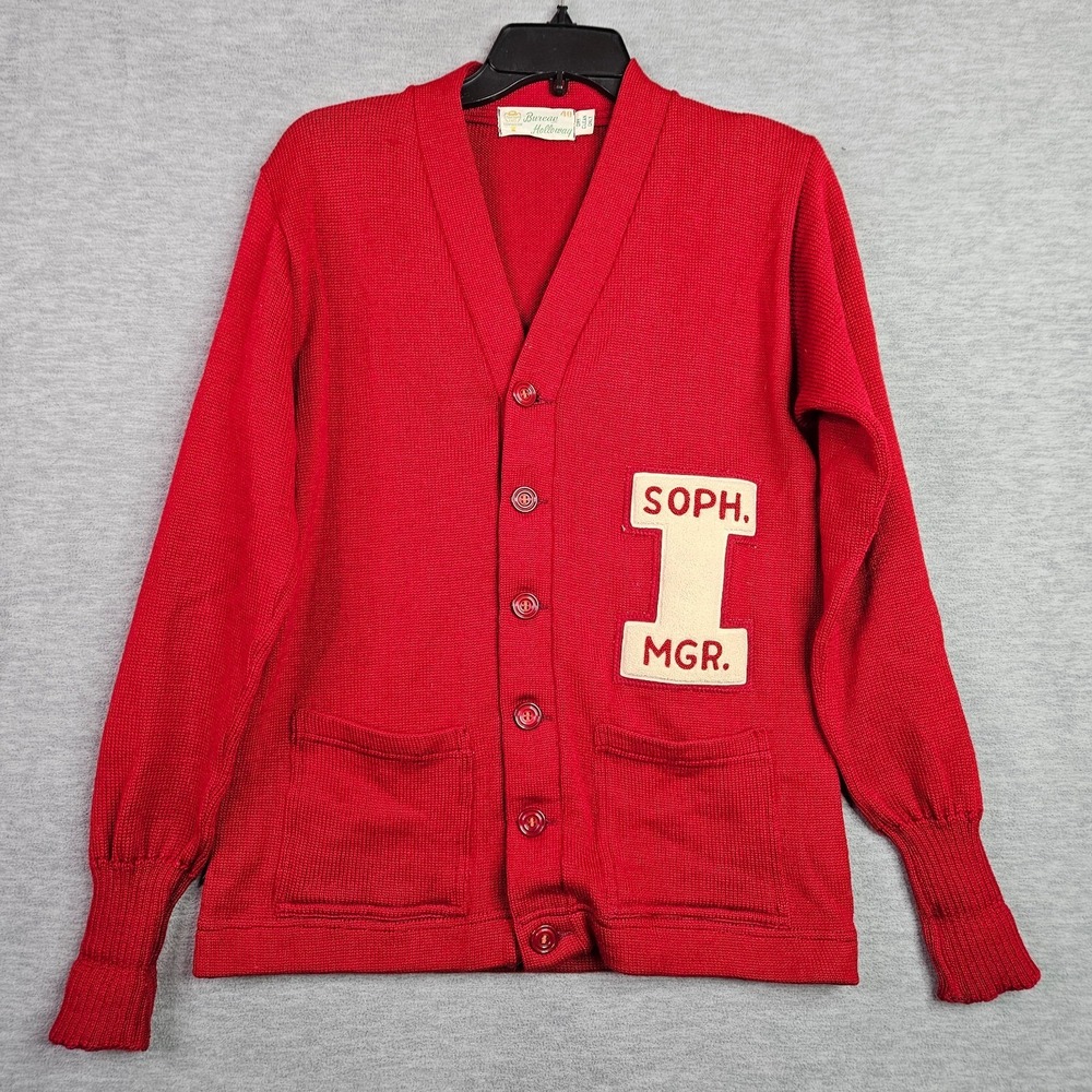 Vintage Burean Holloway Red Varsity Cardigan Letterman Sweater Size 40